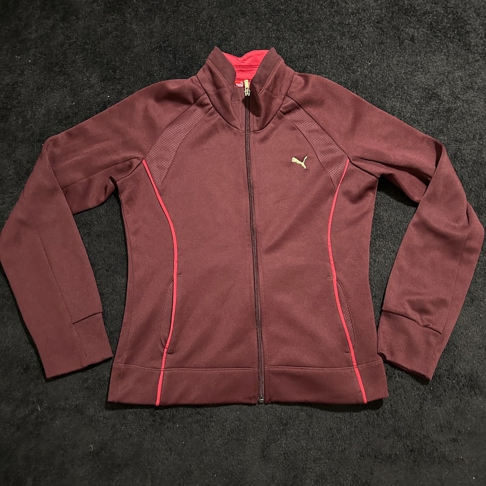 Puma Track Jacket Women Large Full Zip Burgundy Red Piping Gold Logo 504464‎